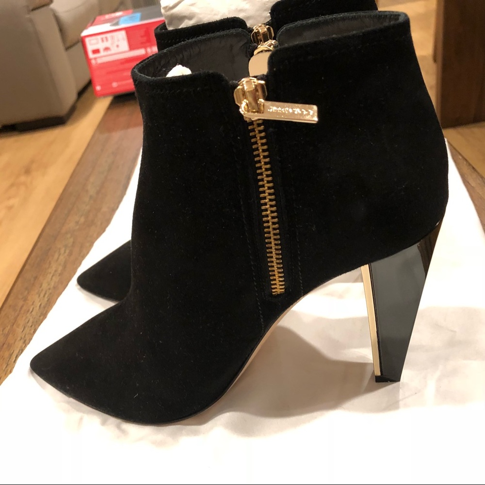Jimmy Choo Black Suede Ankle Booties with Gold Zipper Detail